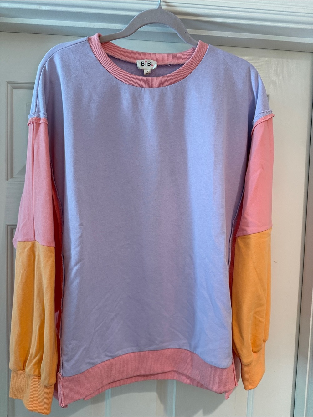Bibi women’s Colorblock Long Sleeve Top in Lavender, Pink & Yellow like new Lg